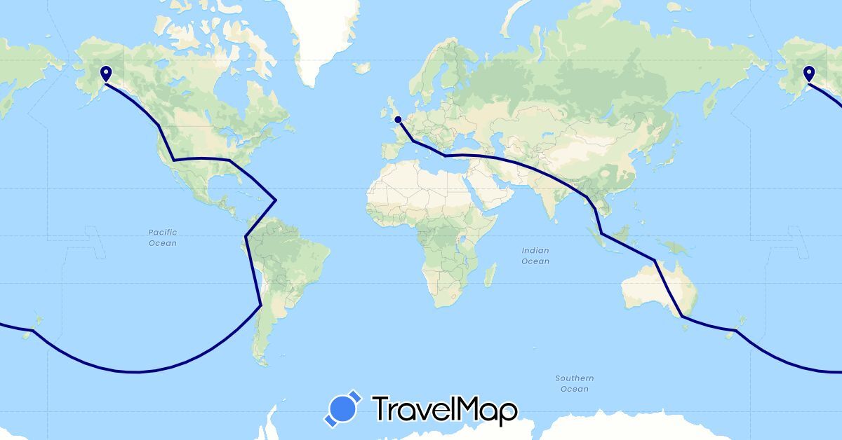 TravelMap itinerary: driving in Australia, Canada, Chile, Ecuador, France, United Kingdom, Greece, Monaco, Myanmar (Burma), New Zealand, Singapore, Thailand, United States (Asia, Europe, North America, Oceania, South America)